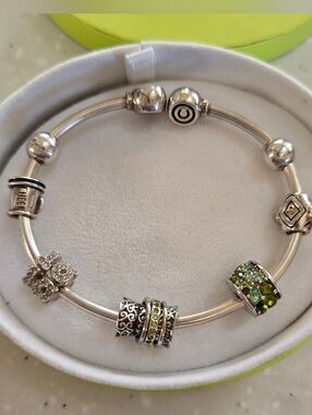 Chamilia Sterling Silver Bracelet w/Green Crystal Charm Accents Cheer Megaphone
